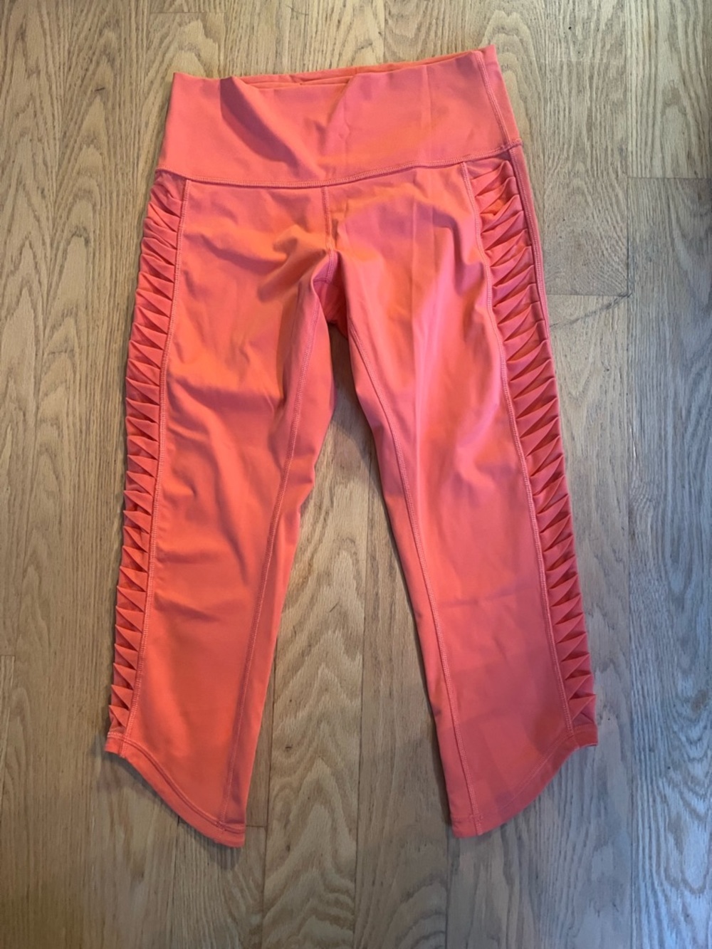 Coral Pink Cropped Lululemon Active Leggings with Side Lattice Detail
